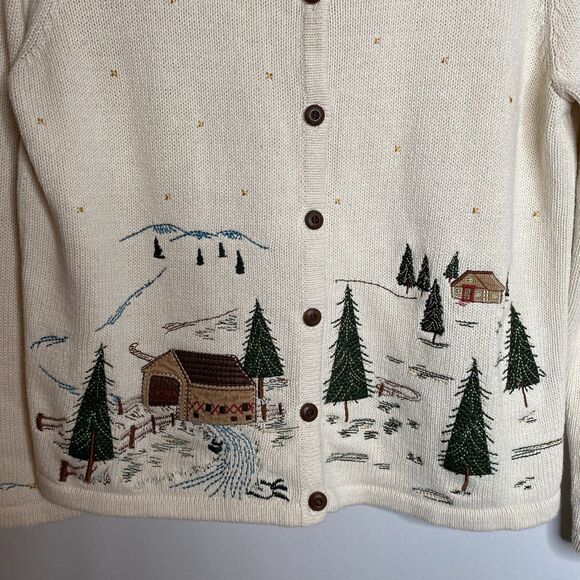 Christopher & Banks Winter Forest Cabin Full Button Sweater Cardigan Size L - Picture 3 of 14